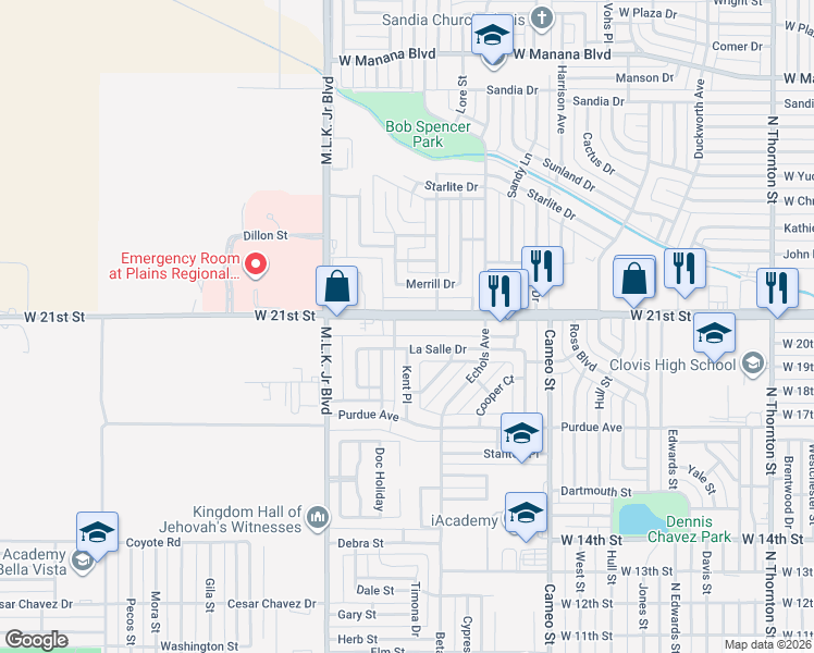 map of restaurants, bars, coffee shops, grocery stores, and more near 1929 West 21st Street in Clovis