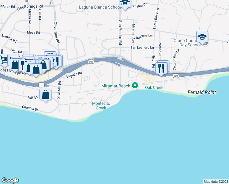 map of restaurants, bars, coffee shops, grocery stores, and more near 1479 Bonnymede Drive in Montecito