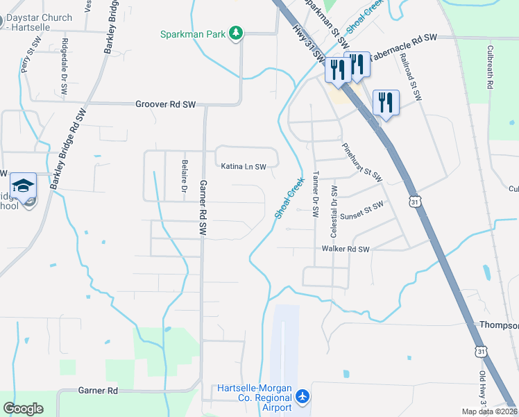map of restaurants, bars, coffee shops, grocery stores, and more near 501 Foxridge Drive Southwest in Hartselle