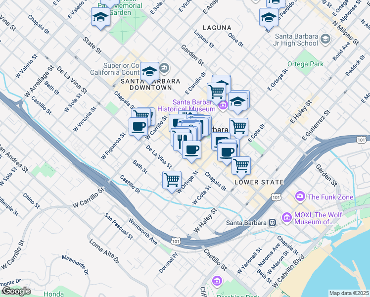 map of restaurants, bars, coffee shops, grocery stores, and more near 651 State Street in Santa Barbara
