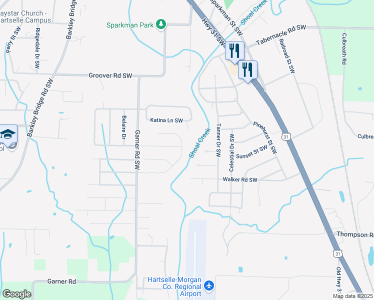 map of restaurants, bars, coffee shops, grocery stores, and more near 501 Foxridge Drive Southwest in Hartselle
