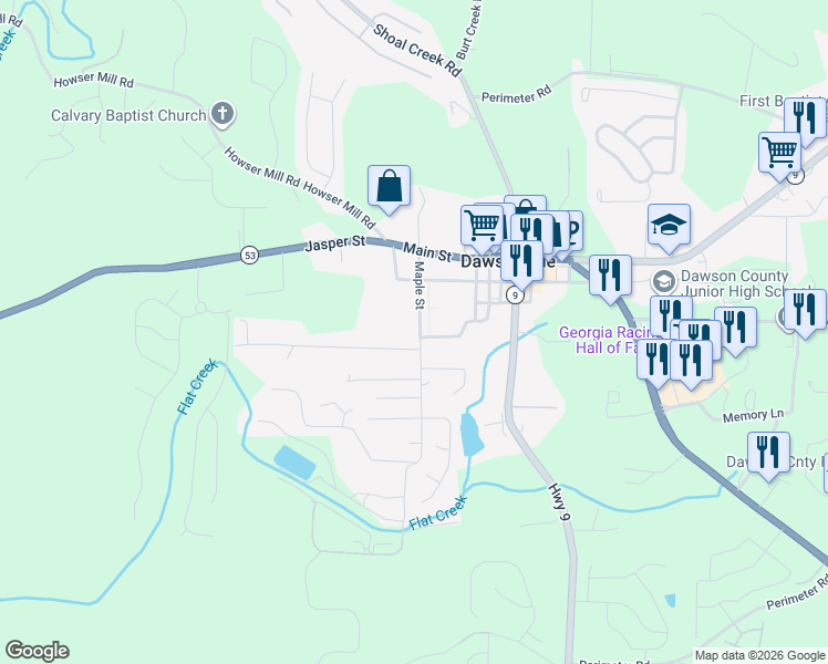 map of restaurants, bars, coffee shops, grocery stores, and more near 184 Maple Street in Dawsonville