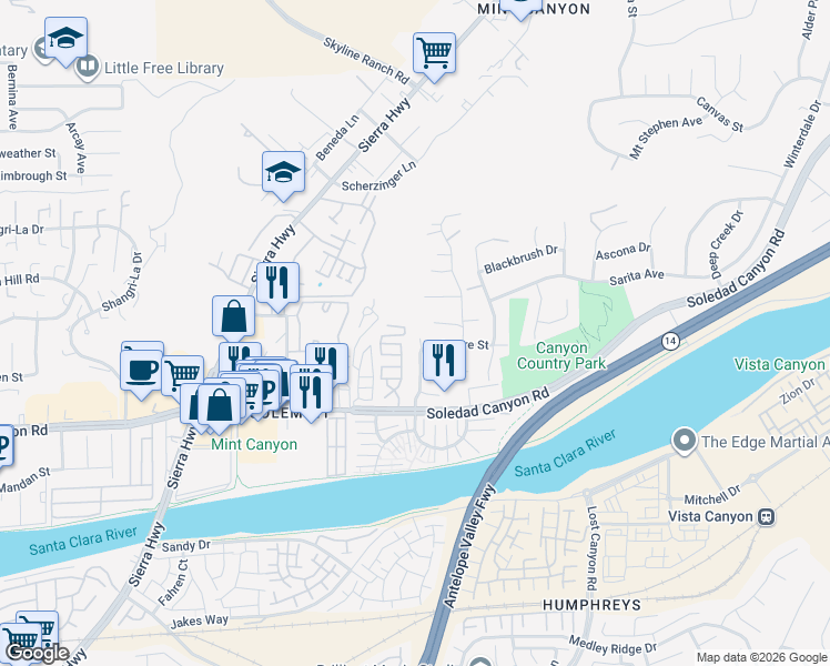 map of restaurants, bars, coffee shops, grocery stores, and more near 27875 Galeton Road in Santa Clarita