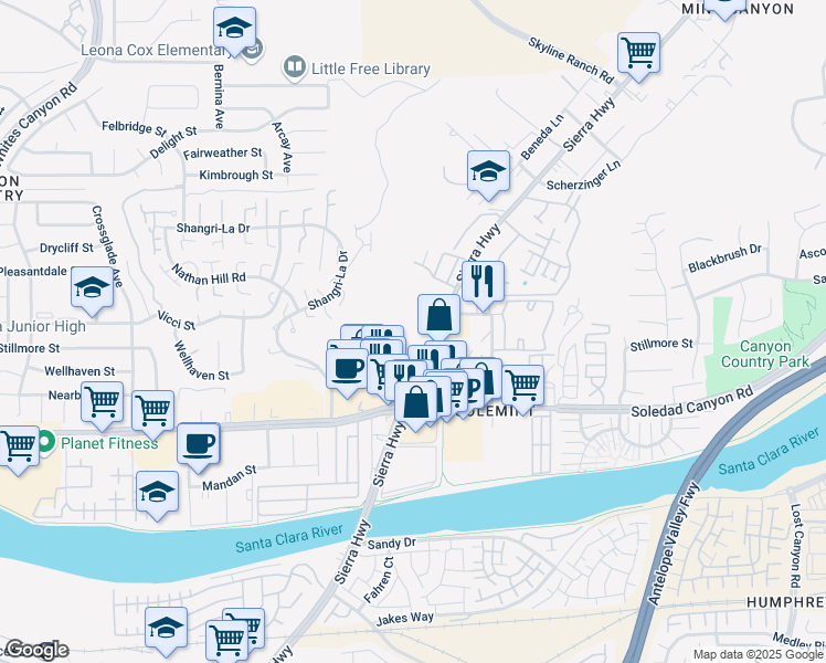 map of restaurants, bars, coffee shops, grocery stores, and more near in Santa Clarita
