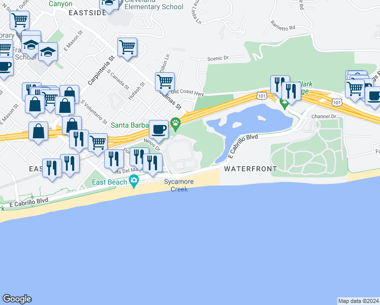 map of restaurants, bars, coffee shops, grocery stores, and more near 349 Por La Mar Circle in Santa Barbara
