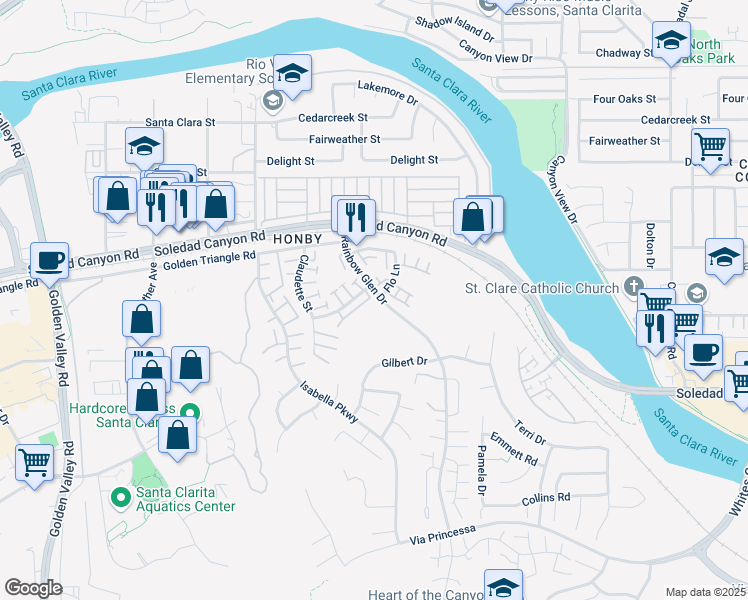 map of restaurants, bars, coffee shops, grocery stores, and more near 26901 Rainbow Glen Drive in Santa Clarita