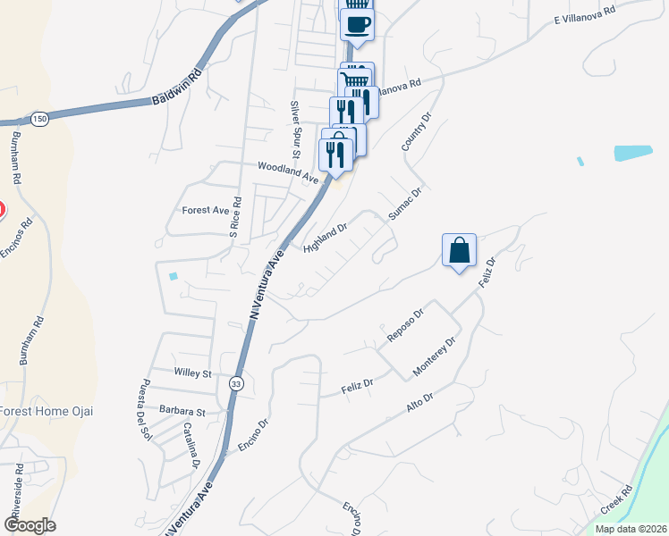map of restaurants, bars, coffee shops, grocery stores, and more near 616 Lark Street in Ojai