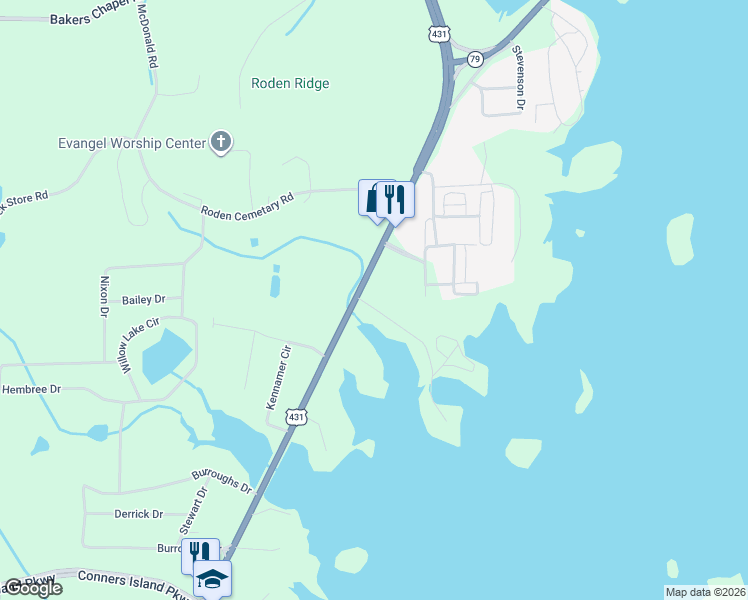 map of restaurants, bars, coffee shops, grocery stores, and more near 35 Baptist Camp Road in Guntersville