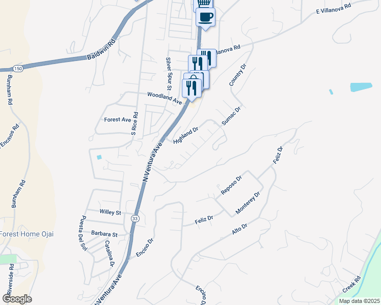 map of restaurants, bars, coffee shops, grocery stores, and more near 616 Lark Street in Ojai