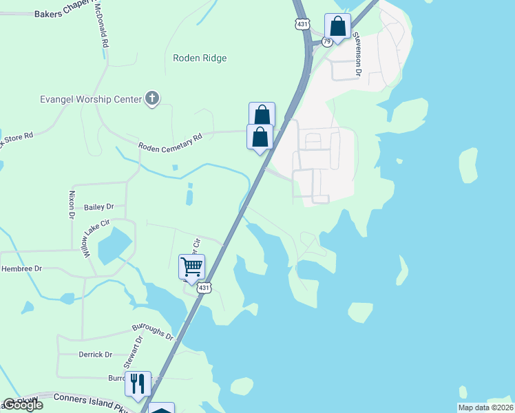 map of restaurants, bars, coffee shops, grocery stores, and more near 35 Baptist Camp Road in Guntersville