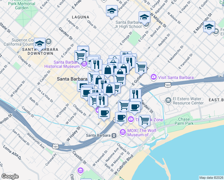 map of restaurants, bars, coffee shops, grocery stores, and more near E Haley St & Santa Barbara St in Santa Barbara