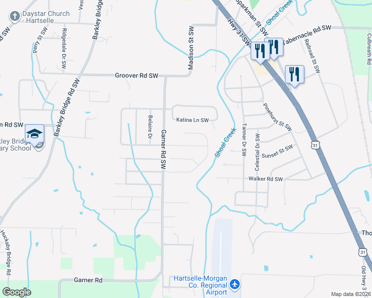 map of restaurants, bars, coffee shops, grocery stores, and more near 510 Foxridge Drive Southwest in Hartselle
