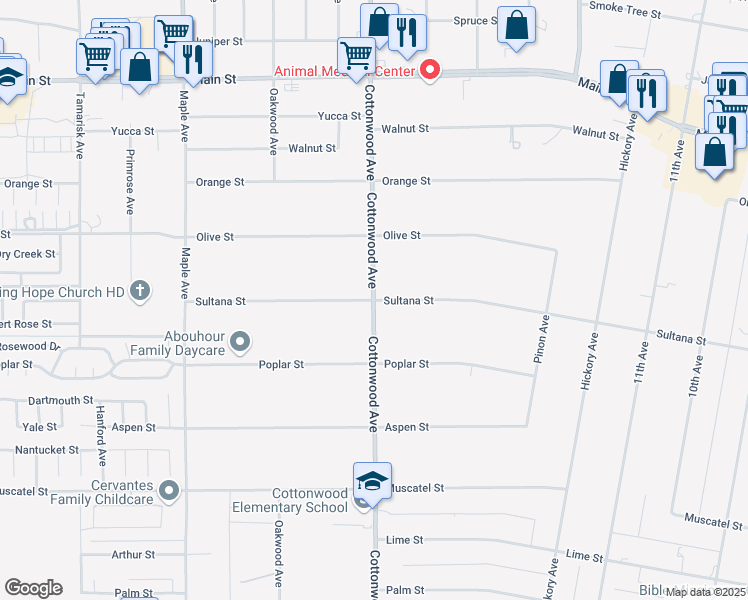 map of restaurants, bars, coffee shops, grocery stores, and more near Cottonwood Ave & Sultana St in Hesperia