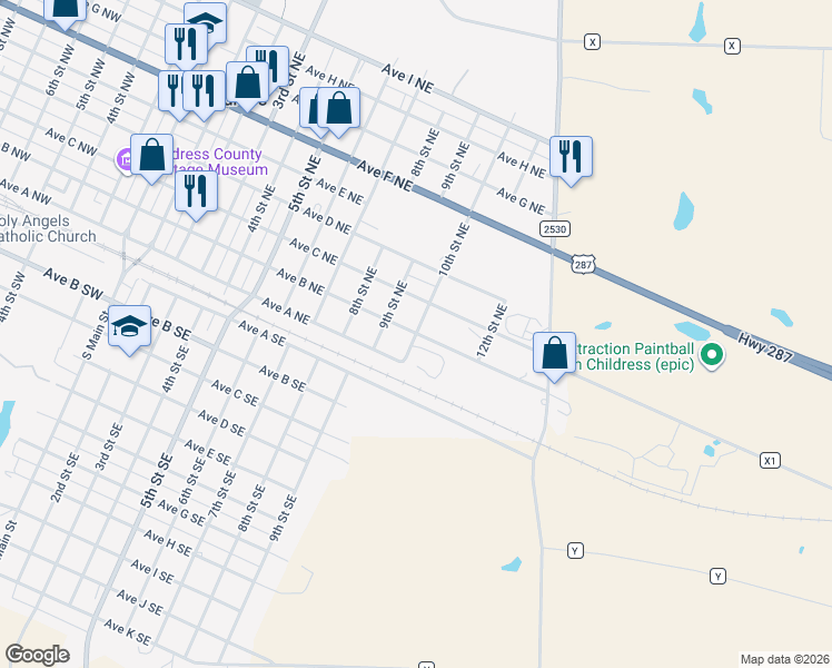 map of restaurants, bars, coffee shops, grocery stores, and more near 1001 Avenue B Northeast in Childress