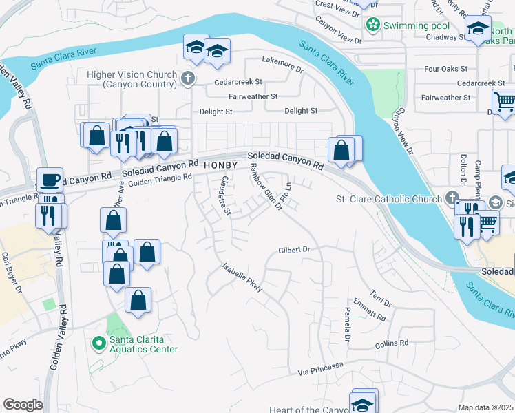 map of restaurants, bars, coffee shops, grocery stores, and more near 20312 Rue Crevier in Santa Clarita