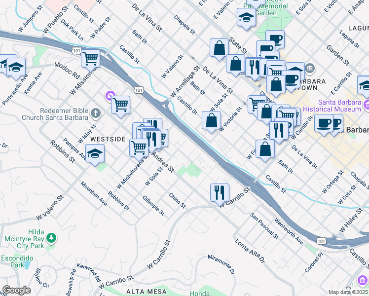 map of restaurants, bars, coffee shops, grocery stores, and more near 1334 San Pascual Street in Santa Barbara
