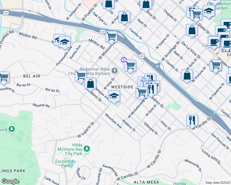 map of restaurants, bars, coffee shops, grocery stores, and more near 826 West Valerio Street in Santa Barbara