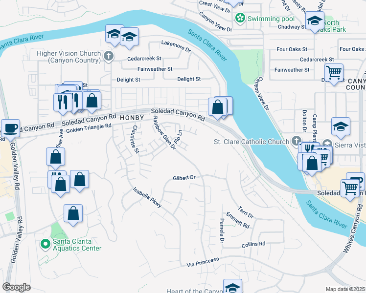 map of restaurants, bars, coffee shops, grocery stores, and more near 26922 Flo Lane in Santa Clarita