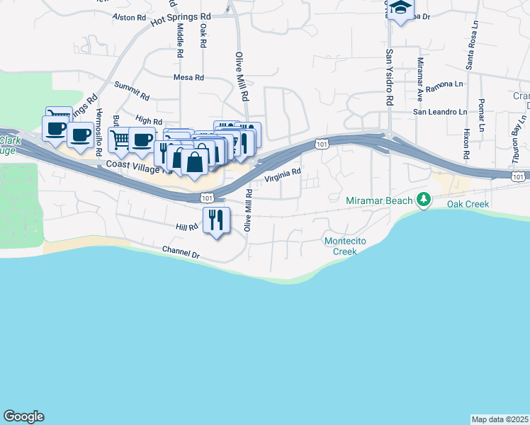 map of restaurants, bars, coffee shops, grocery stores, and more near 54 Olive Mill Road in Montecito