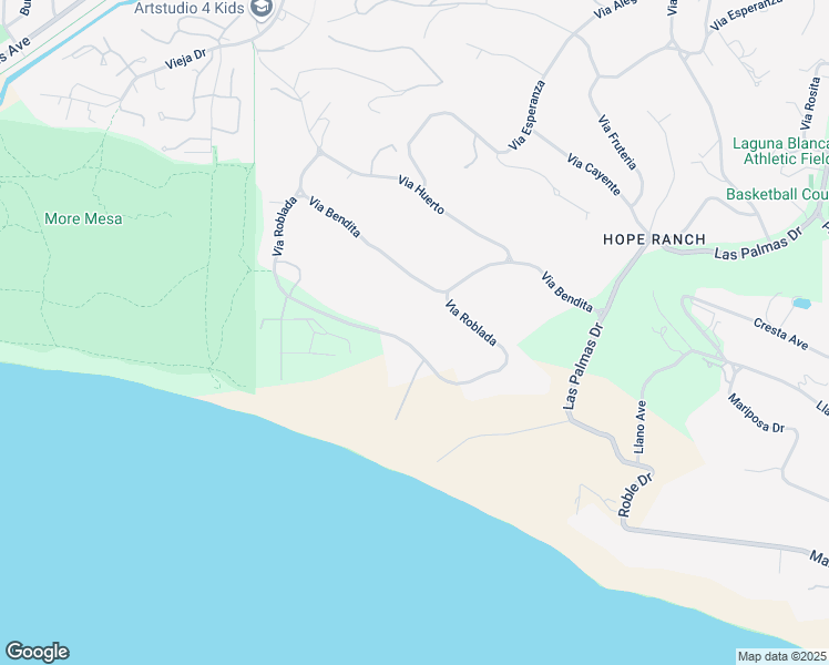 map of restaurants, bars, coffee shops, grocery stores, and more near 4646 Via Roblada in Santa Barbara