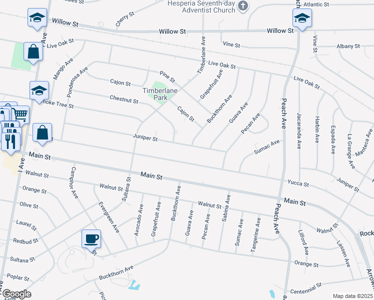 map of restaurants, bars, coffee shops, grocery stores, and more near 18055 Juniper Street in Hesperia