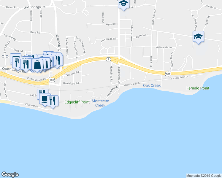 map of restaurants, bars, coffee shops, grocery stores, and more near 1479 Bonnymede Drive in Montecito