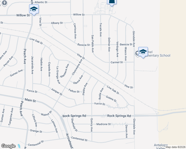 map of restaurants, bars, coffee shops, grocery stores, and more near 18964 Live Oak Street in Hesperia