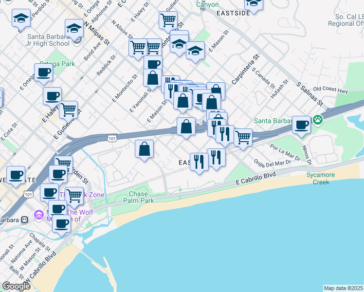 map of restaurants, bars, coffee shops, grocery stores, and more near 700 Carpinteria Street in Santa Barbara
