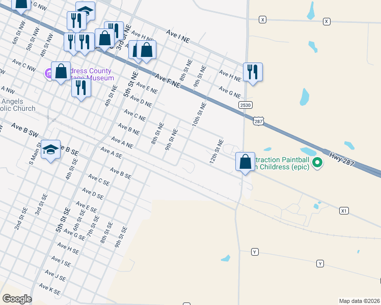 map of restaurants, bars, coffee shops, grocery stores, and more near 1001-1099 Avenue B Northeast in Childress