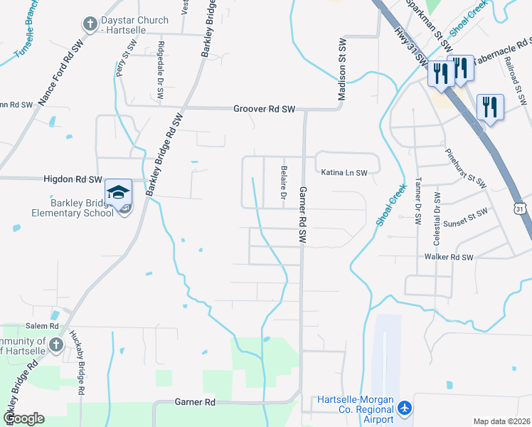 map of restaurants, bars, coffee shops, grocery stores, and more near 612 Fairlane Drive Southwest in Hartselle