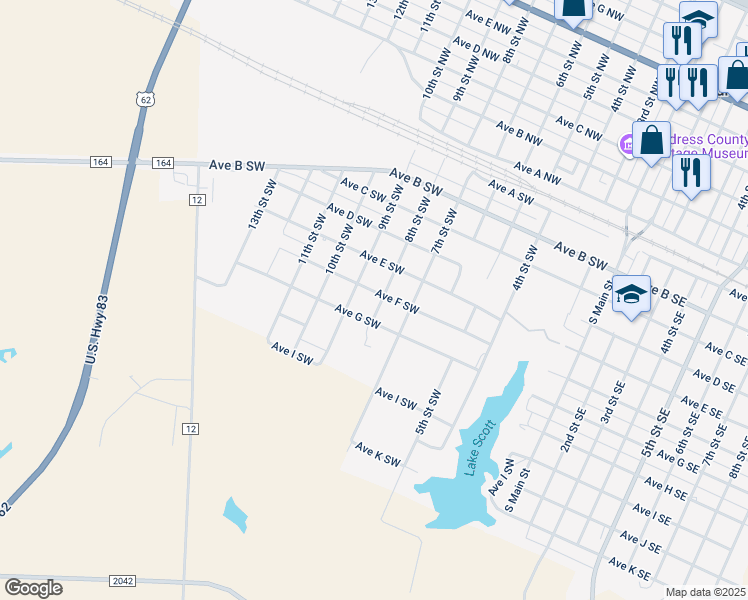 map of restaurants, bars, coffee shops, grocery stores, and more near 601 9th Street Southwest in Childress