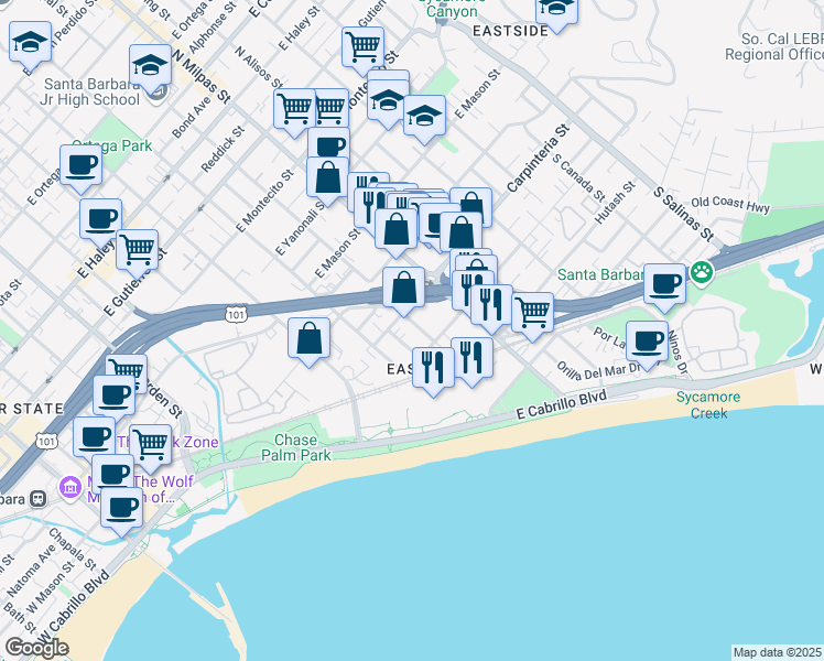 map of restaurants, bars, coffee shops, grocery stores, and more near 700 Carpinteria Street in Santa Barbara