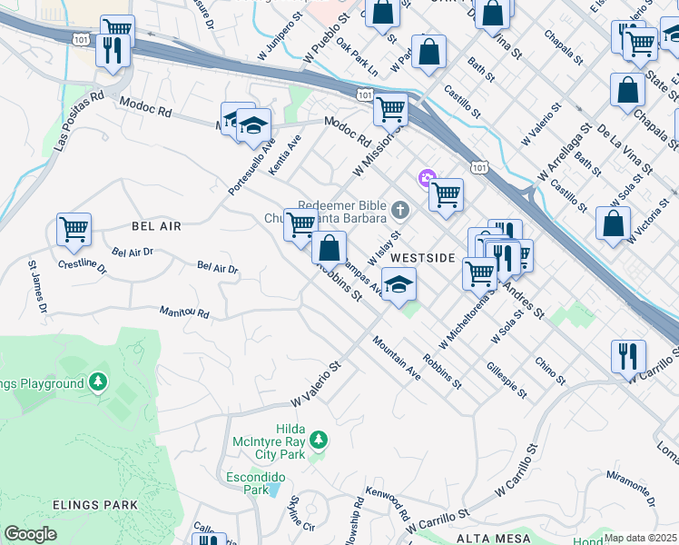 map of restaurants, bars, coffee shops, grocery stores, and more near 1820 Robbins Street in Santa Barbara