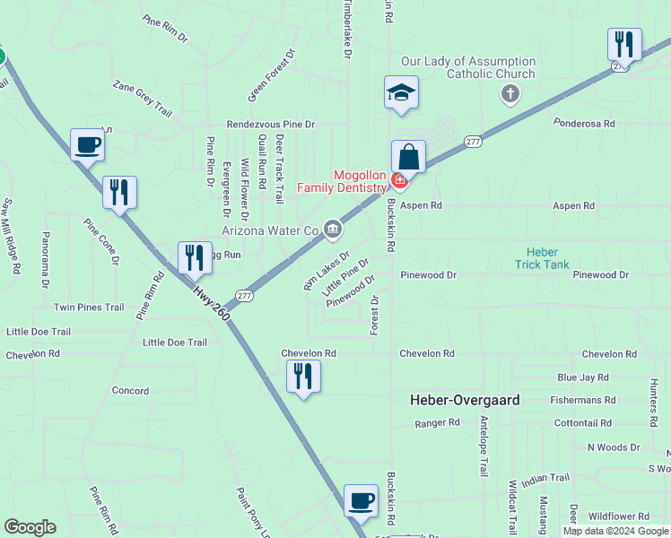 map of restaurants, bars, coffee shops, grocery stores, and more near 3349 Rim Lakes Drive in Heber-Overgaard
