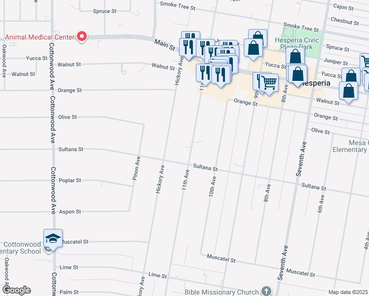 map of restaurants, bars, coffee shops, grocery stores, and more near 9258 11th Avenue in Hesperia