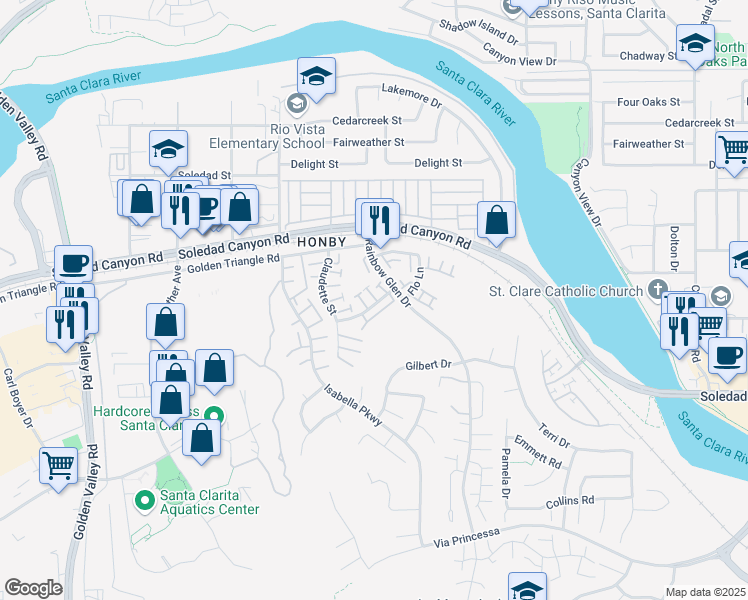 map of restaurants, bars, coffee shops, grocery stores, and more near 20309 Rue Crevier in Santa Clarita