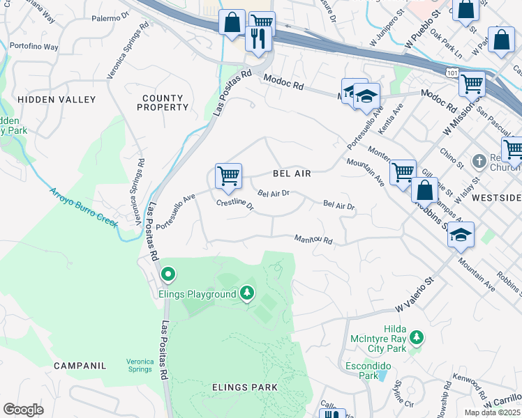map of restaurants, bars, coffee shops, grocery stores, and more near 1475 Crestline Drive in Santa Barbara
