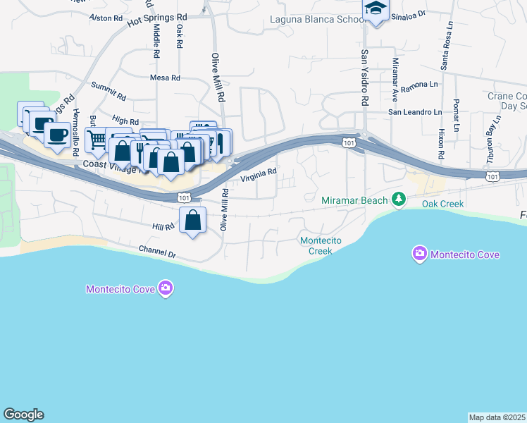 map of restaurants, bars, coffee shops, grocery stores, and more near 1337 Danielson Road in Montecito