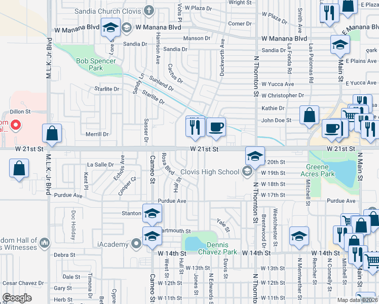 map of restaurants, bars, coffee shops, grocery stores, and more near 2037 Hull Street in Clovis