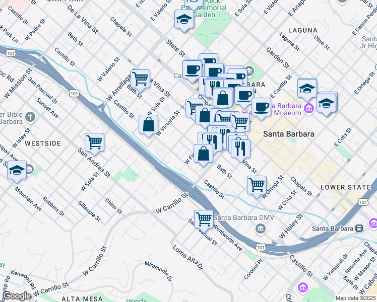 map of restaurants, bars, coffee shops, grocery stores, and more near 1111 Curley Avenue in Santa Barbara