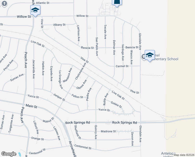 map of restaurants, bars, coffee shops, grocery stores, and more near 18964 Live Oak Street in Hesperia