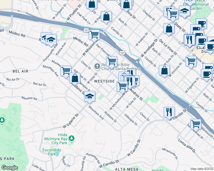 map of restaurants, bars, coffee shops, grocery stores, and more near 1621 Chino Street in Santa Barbara