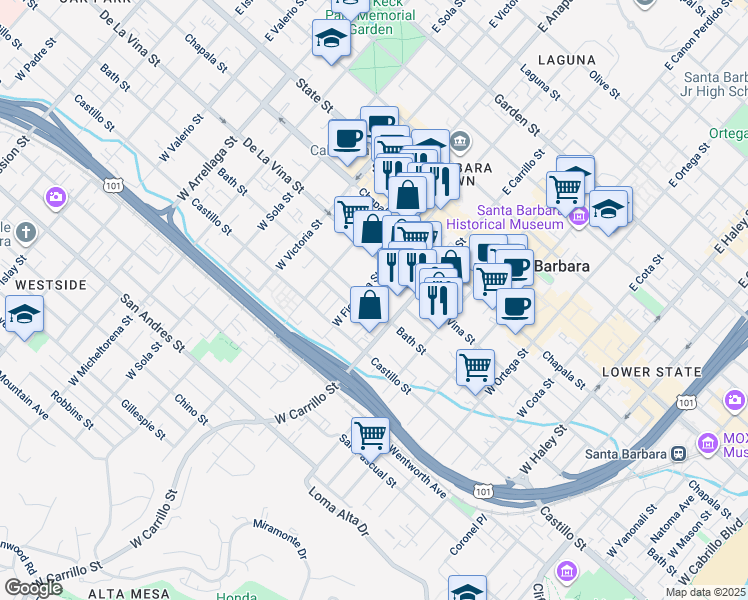 map of restaurants, bars, coffee shops, grocery stores, and more near 1026 Bath Street in Santa Barbara