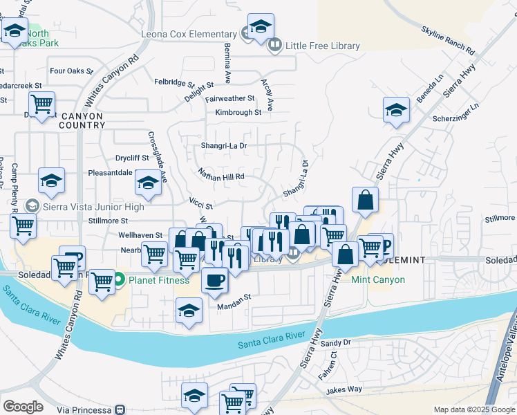 map of restaurants, bars, coffee shops, grocery stores, and more near 18612 Hilton Court in Santa Clarita