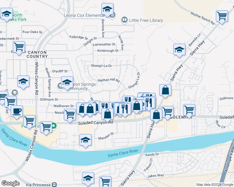 map of restaurants, bars, coffee shops, grocery stores, and more near 18612 Hilton Court in Santa Clarita