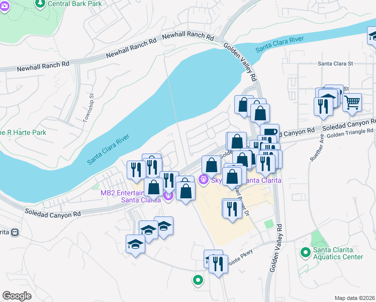 map of restaurants, bars, coffee shops, grocery stores, and more near 26515 North Cocklebur Lane in Santa Clarita
