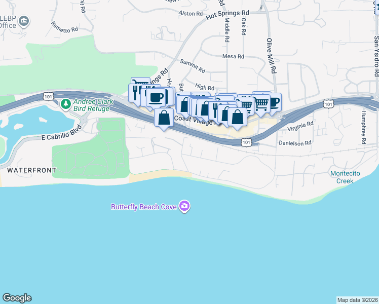 map of restaurants, bars, coffee shops, grocery stores, and more near 1112 Hill Road in Montecito