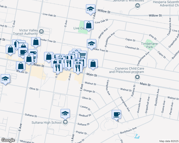 map of restaurants, bars, coffee shops, grocery stores, and more near 17450 Main Street in Hesperia
