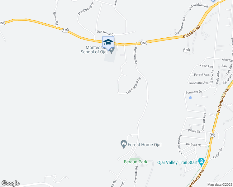 map of restaurants, bars, coffee shops, grocery stores, and more near 2235 Los Encinos Road in Ojai