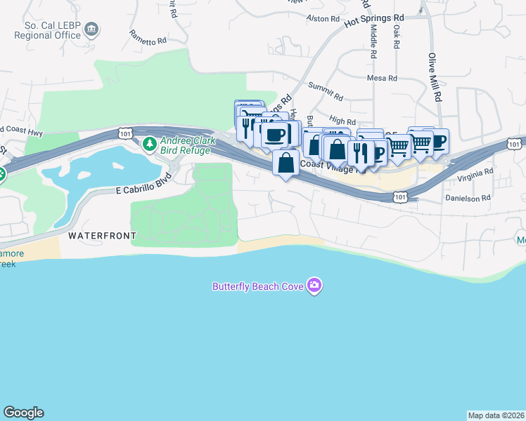 map of restaurants, bars, coffee shops, grocery stores, and more near 1016 Fairway Road in Montecito